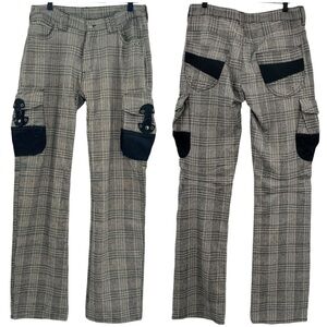 Vintage Japanese Tete Homme Plaid Cargo Pants Wool Blend Gray Black | 30" x 32"